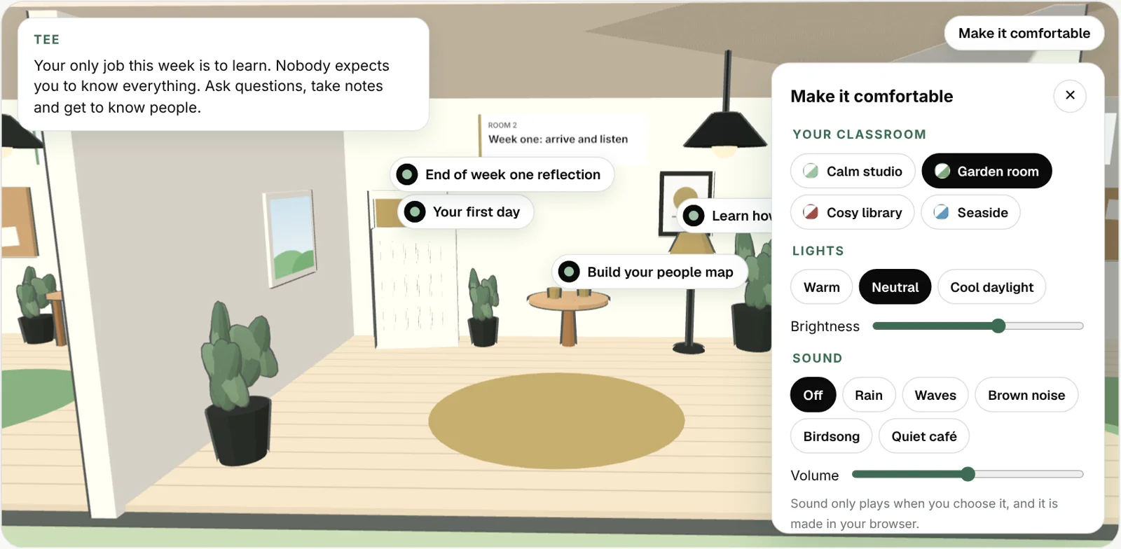 An interactive learning room with a plant, a lamp and labelled lessons, and the Make it comfortable settings open